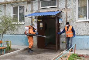 Для дезинфекции подъездов используют ранцевые опрыскиватели